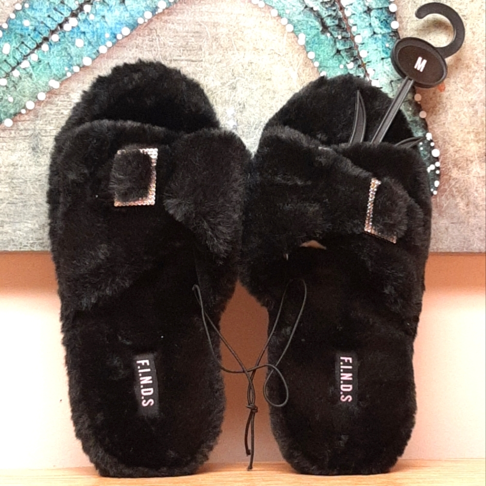 Black Faux-Fur Slippers with Faux-Diamond Embellishment NWT